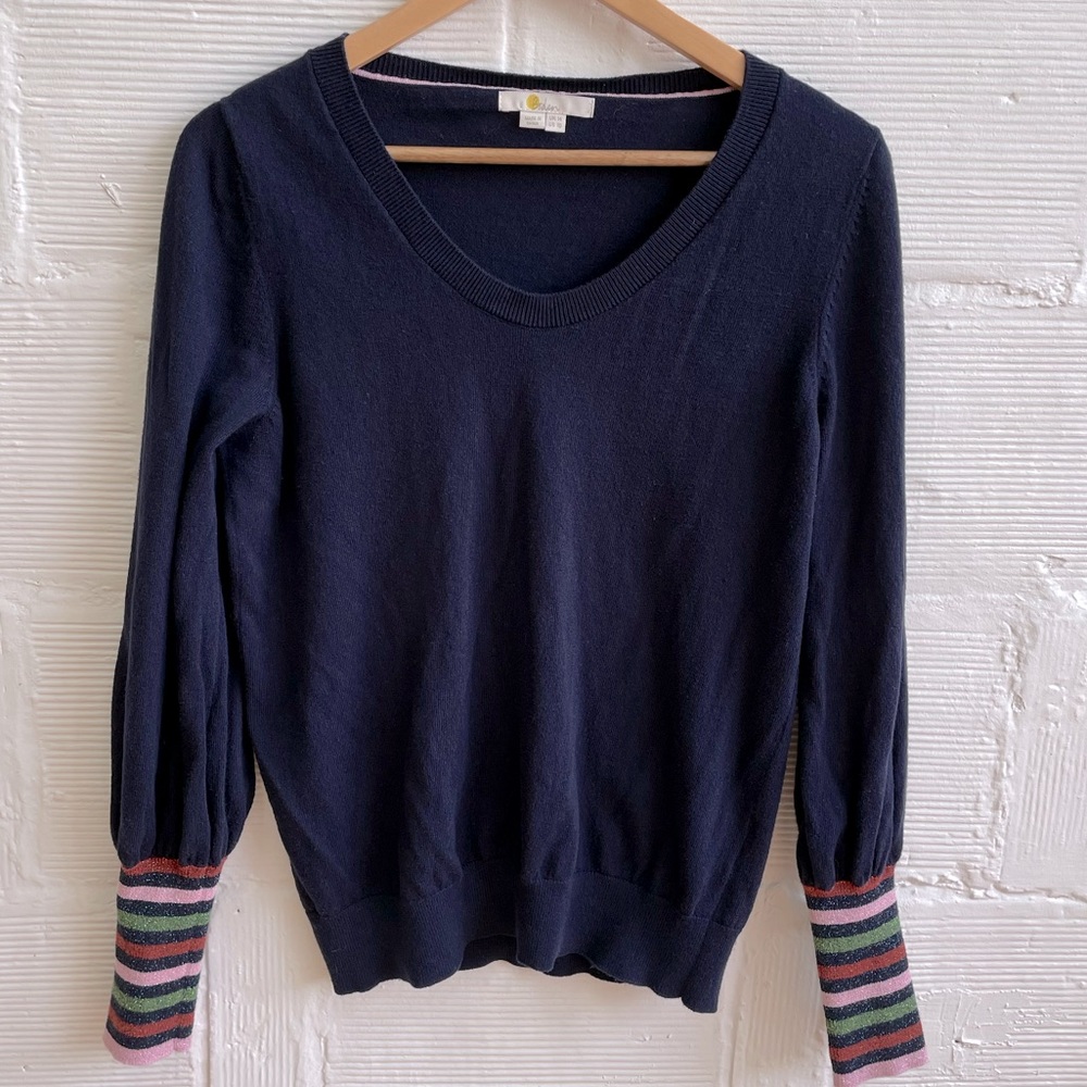 Boden Navy Sweater with Multicolor Cuffs
